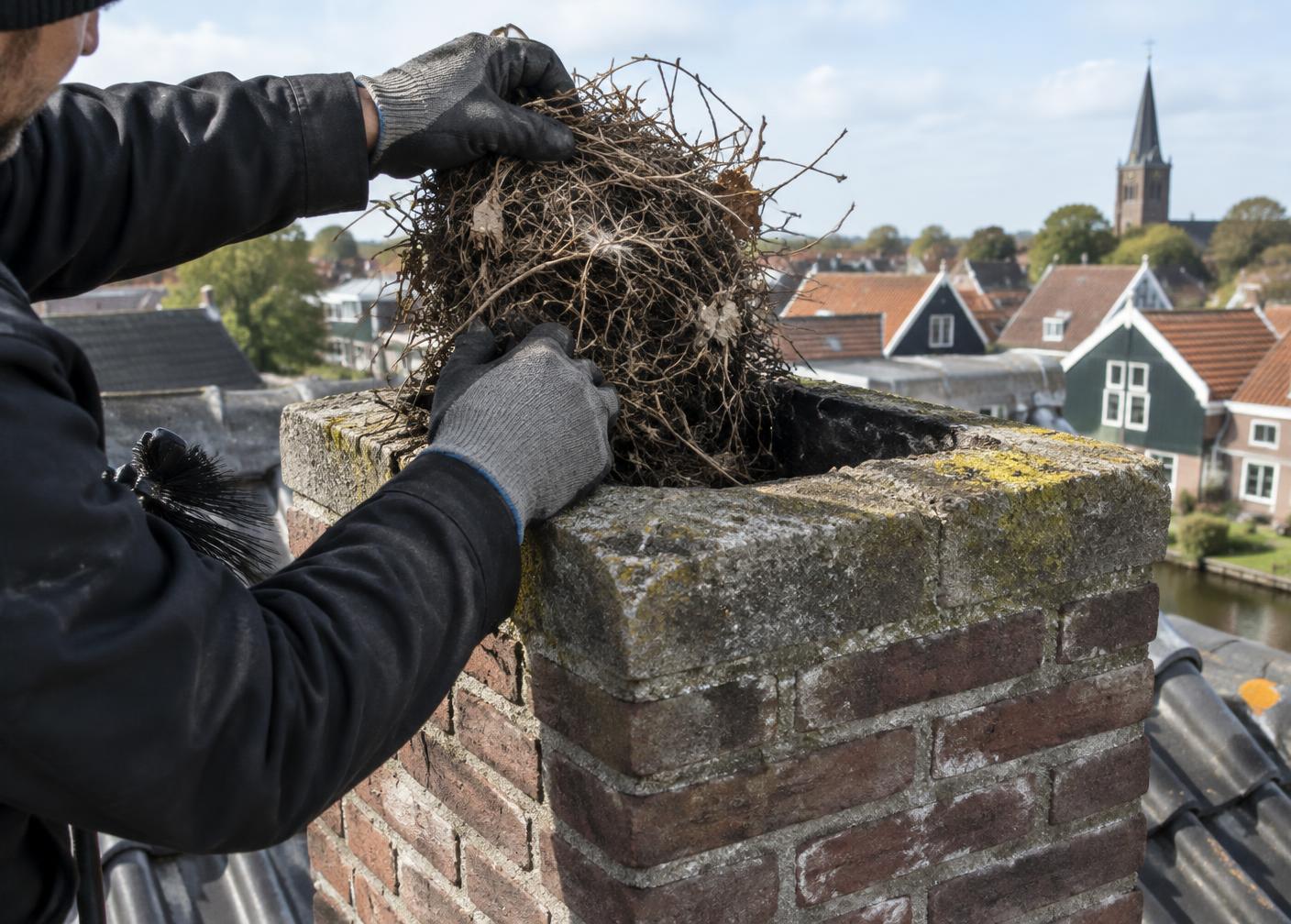 Vogelnest wordt uit de schoorsteen gehaald