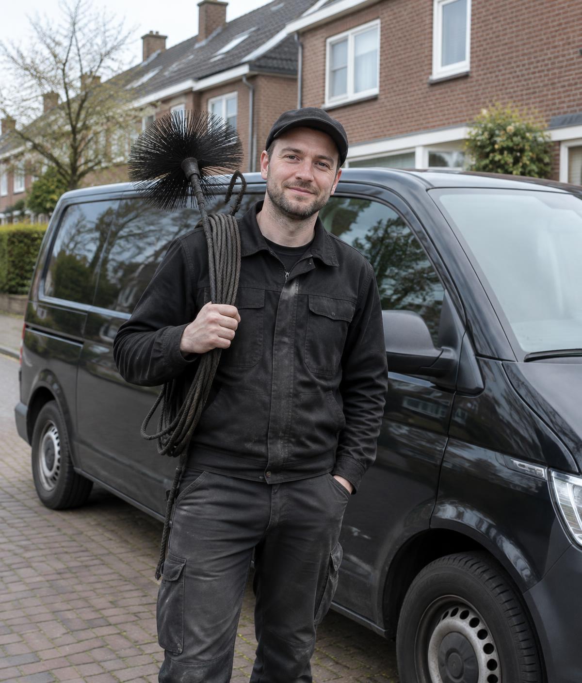 Schoorsteenveger voor zijn bus